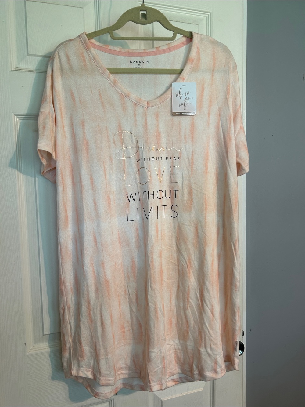 Danskin Peach-Striped V-Neck Nightshirt with Foil Script
